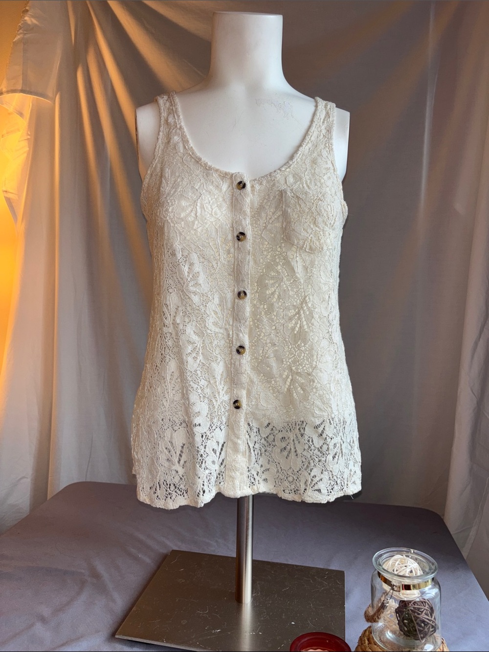 Charming Charlie women’s Lace Tank top- button up and see-through